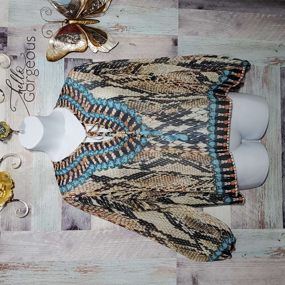ASA Kaftans Sz XXL Multi-Color Semi-Sheer VNeck SnakeSkin Embellished Blouse 425